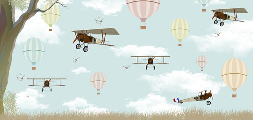 Fototapety  flying planes with balloons in the clouds