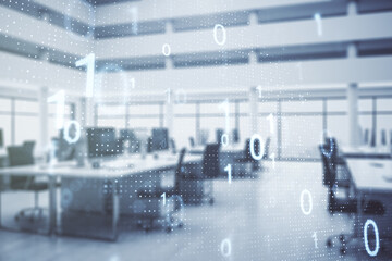 Fototapeta premium Double exposure of abstract virtual binary code hologram on modern corporate office background. Database and programming concept