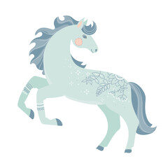 Horse in doodle or boho style. Simple line drawing. Winter vector illustration isolated on white background.
