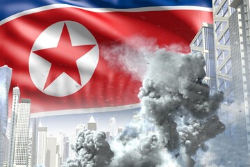 huge smoke column in the modern city - concept of industrial disaster or terroristic act on North Korea flag background, industrial 3D illustration