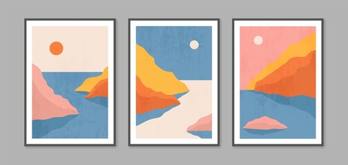 Abstract contemporary landscape posters. Modern boho background set with sun moon mountains. Abstract arts design for wall framed prints, poster, cover, home decor, canvas prints, wallpaper.