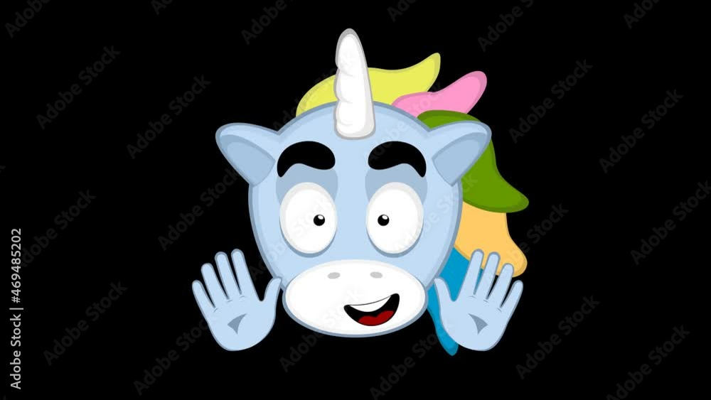 Poster loop animation of a cartoon unicorn's face, waving with its hands on a transparent background