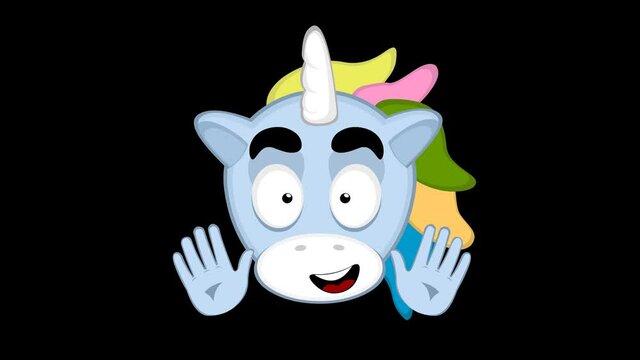 Loop animation of a cartoon unicorn's face, waving with its hands on a transparent background

