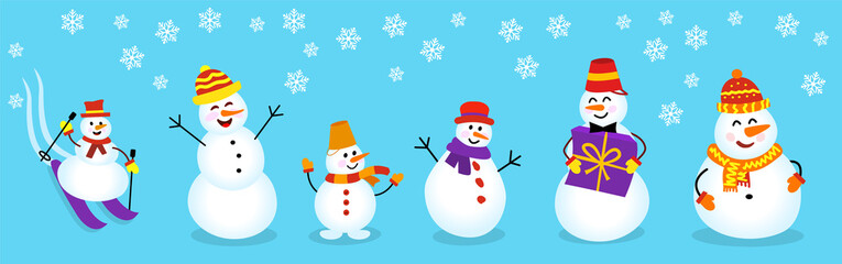 Set Cute christmas snowmen. Funny snow man wearing hat and scarf,