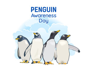 Penguin Awareness Day, January 20th. Group of penguins on a background of blue clouds.Vector Illustration
