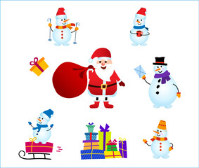 collection of snowman wear a winter theme and santa claus with a bag of gifts. Graphic resource