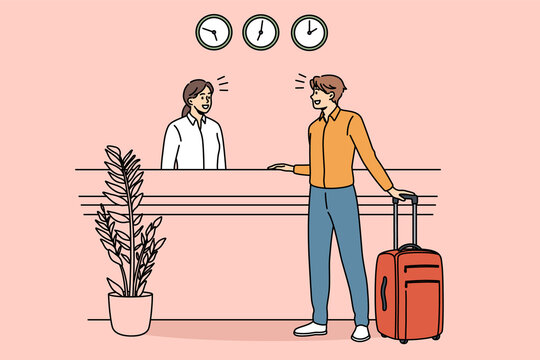 Checking In And Reception Concept. Young Man Client Guest Standing And Communicating With Young Woman Receptionist During Check In In Hotel Vector Illustration 