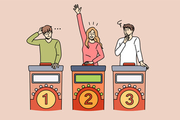 Entertainment and leisure game concept. Group of young smiling people standing playing game guessing something woman raising hand vector illustration  © Dzianis Vasilyeu