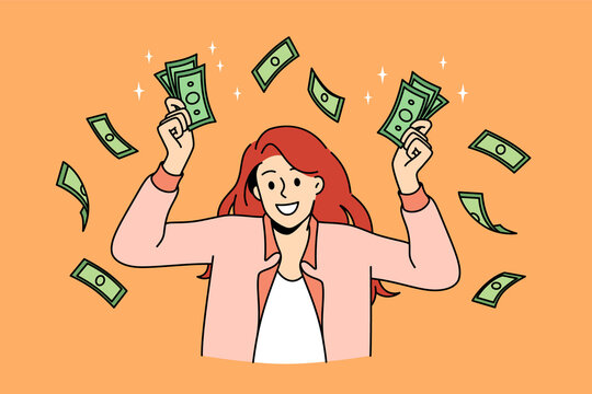 Financial success and wealth concept. Young smiling woman cartoon character standing holding heaps of green cash money in hands vector illustration 