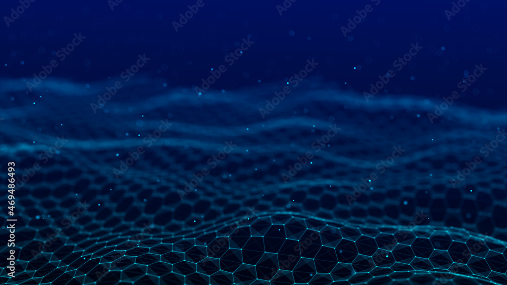 Poster futuristic blue hexagon dynamic wave. futuristic honeycomb concept. digital technology webflow. big 