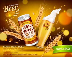 Realistic Detailed 3d Aluminum Can Beer and Golden Beer Transparent Glass Cup Ads Banner Concept Poster Card. Vector illustration