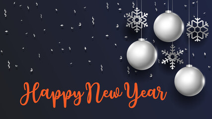 Happy New Year celebration poster with silver glass balls and snowflakes
