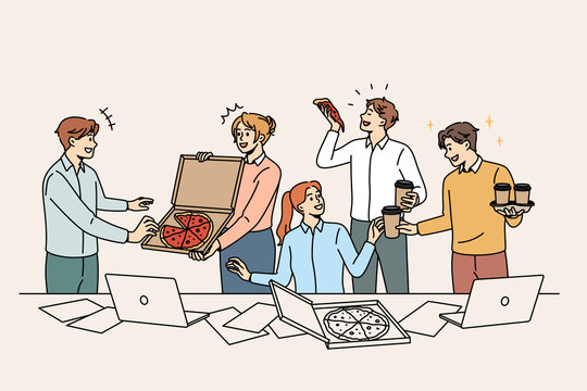 Corporate party and celebrating concept. Group of young colleagues workers eating pizza drinking coffee in office during party vector illustration 