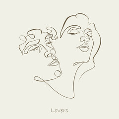 Couple faces. One line drawing. Continuous line. Sensual love