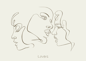 Threesome, love triangle. One line drawing. Continuous line. Sensual love