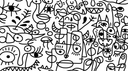 Black and white cartoon pattern on white background, abstract design