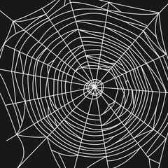 Scary web. White silhouette of spider web isolated on black background. doodle style. Vector illustration.