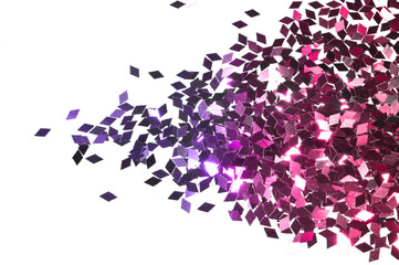 Purple glitter sparkles on white background. Can be used as place for text, for greeting or invitation cards, fashion magazines, web sites etc.
