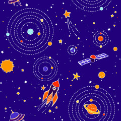 Seamless pattern with space, UFOs, planets, stars and space objects. Wallpaper, textile, fabric, baby products. - 469489013
