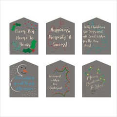 Vector set of craft Christmas gift tags. New Year banners in trendy colors. New Year tags on textile backgrounds with inscriptions