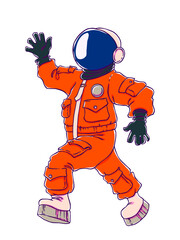 Illustration of a walking and greeting the astronaut in orange space suit and mask. Vector drawing isolated on white background. T-shirt printing. - 469489087