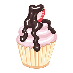 Strawberry chocolate cupcake vector illustrations. Valentine day graphics. Sweet dessert food and delicious birthday cupcake. Confectionery isolated on white background