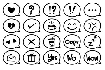 Flat line emoji icon set. Vector speech bubble. Hand drawn set of speech bubbles with emoji icon.emoticon speech bubble icon set on white background.
