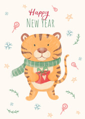 Christmas tiger.  New Year symbol tiger. Hand drawing watercolor illustration Christmas tiger