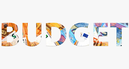 word BUDGET from euro banknotes on white background, money texture
