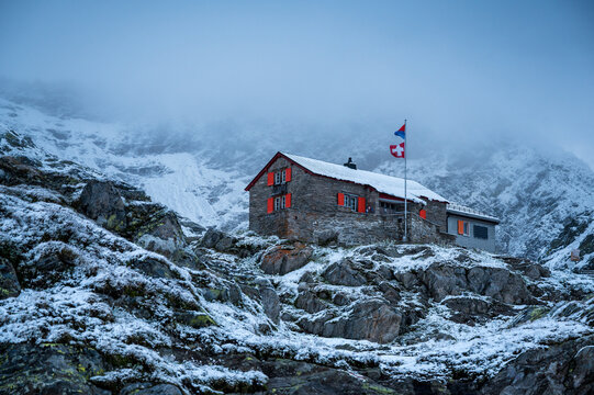alpine hiking with Capanna Cadlimo CAS in Ticino, Switzerland after overnight snowfall