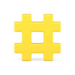Bright yellow hashtag grid 3d icon vector illustration
