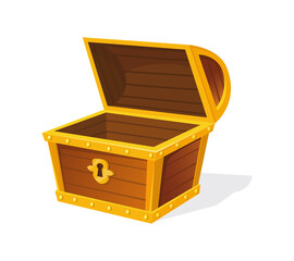 Empty chest for treasures. Box with gold frame for ui game, vector icon