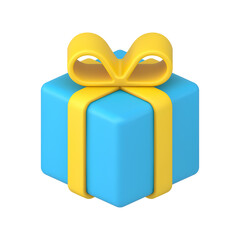 Wrapped blue gift box with yellow bow ribbon 3d isometric vector illustration present surprise
