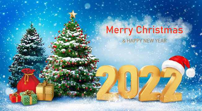 New Year background with golden numbers 2022, Christmas trees decorated with red balls. Beautiful new year snowy background.