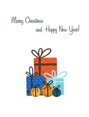 Merry Christmas Postcard with gifts and presents. Vector