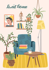 Stay at home. Cozy room interior. Vector illustration.