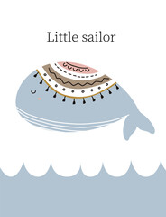 Cute whale. Baby print on fabric, T-shirt, poster, postcard, baby shower. Vector illustration