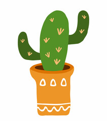 Cactus in a orange decorative ceramic pot. Colorful botanical vector isolated illustration on a white background. Doodle style