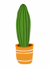 Cactus in a orange decorative ceramic pot. Colorful botanical vector isolated illustration on a white background. Doodle style