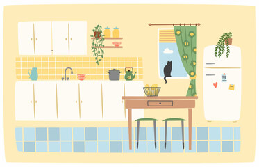 Kitchen interier. Cozy home. Cute vector illustration.