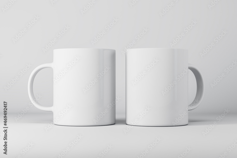 Aufkleber Two empty white mugs or cup on light background with mock up place for your advertisement. 3D Rendering.