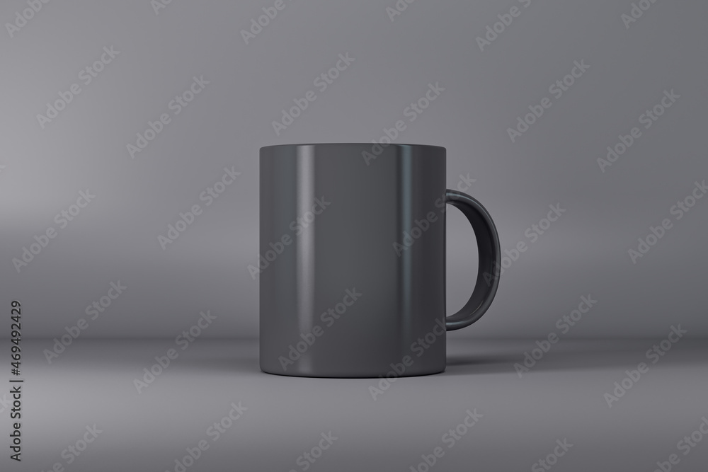 Poster Empty gray mug or cup on light background with mock up place for your advertisement. 3D Rendering.