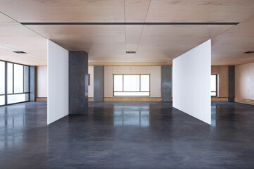 Light white exhibition hall interior with mock up poster place and daylight. Gallery, architecture and design concept. 3D Rendering.