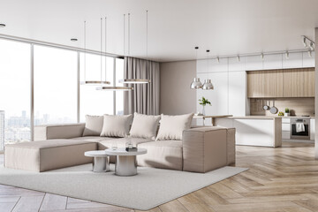Fototapeta na wymiar Bright concrete and wooden kitchen studio interior with window and city view, daylight, furniture and white couch. Design, home and apartment concept. 3D Rendering.