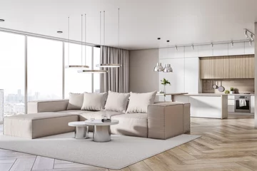 Foto op Plexiglas Bright concrete and wooden kitchen studio interior with window and city view, daylight, furniture and white couch. Design, home and apartment concept. 3D Rendering. © Who is Danny