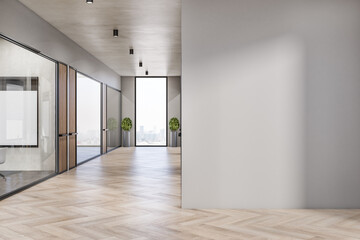Modern white concrete and wooden office interior corridor with empty mock up place on wall, glass, partition and furniture, daylight, window with city view. Workplace concept. 3D Rendering.