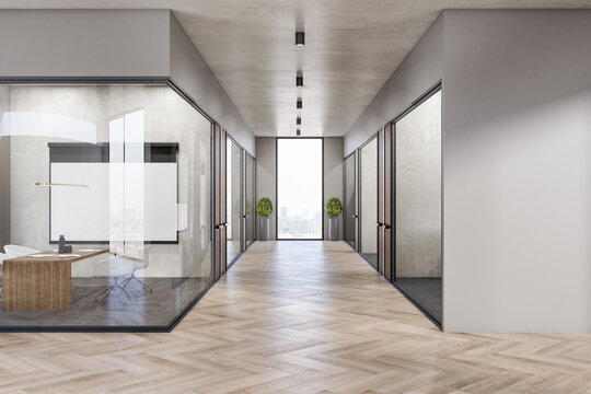 Expensive concrete and wooden office interior corridor with glass partition and furniture, daylight, window with city view. Workplace concept. 3D Rendering.