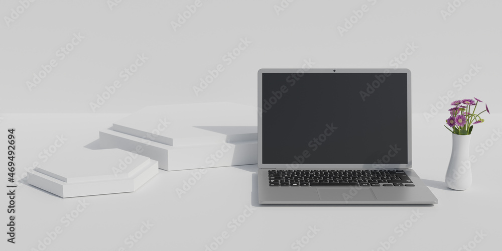 Poster 3d render laptop with various objects suitable for mockup designs and advertising