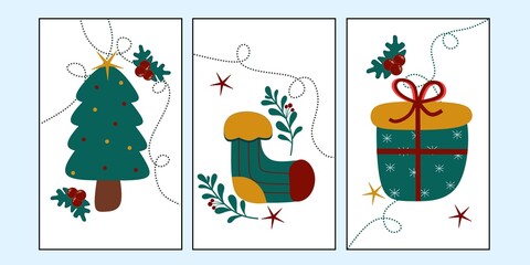 Set of marry Christmas wall art and cards. Happy new year wall decor. Christmas tree, gift wall Decorations. Nursery Christmas home Decorations.