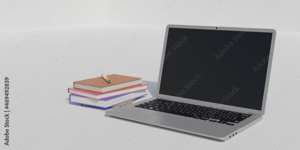 Poster 3d render laptop with various objects suitable for mockup designs and advertising